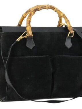 GUCCI Bamboo Hand Bag Suede 2way Black Gold